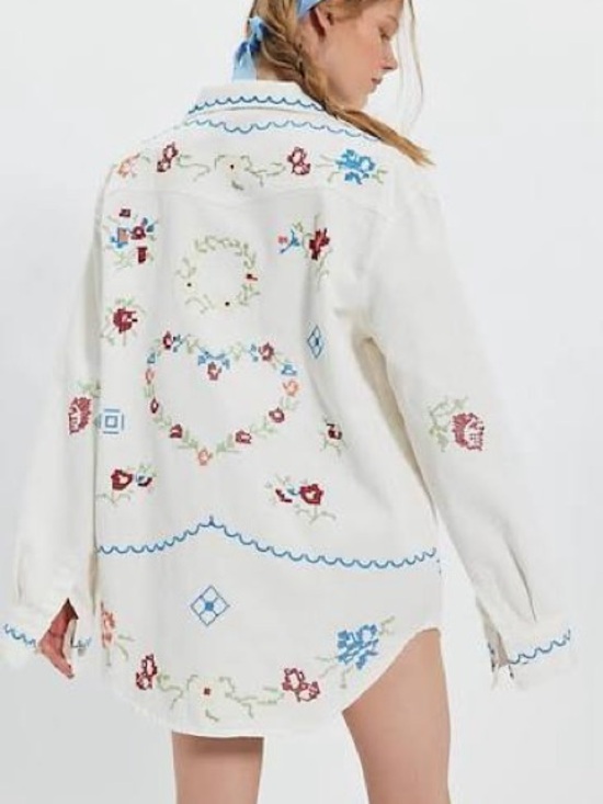 Free People Tops - Free People x Denim and Bone Embroidered Heart Oversized Button Down- Sold Out